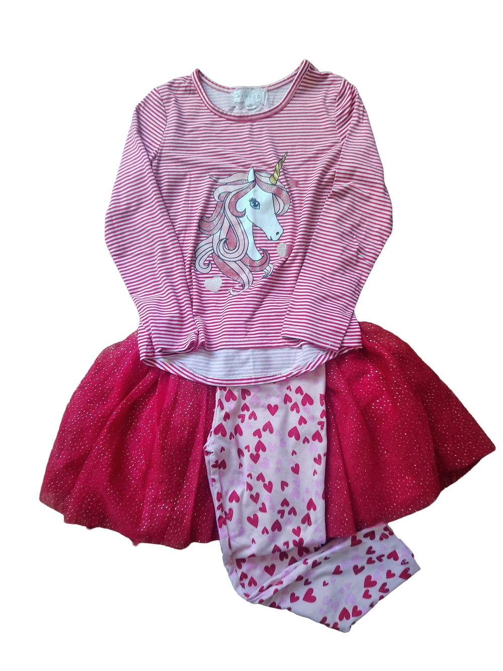 btween Pink Unicorn Stripe Top with Heart Leggings & Sparkle Tutu